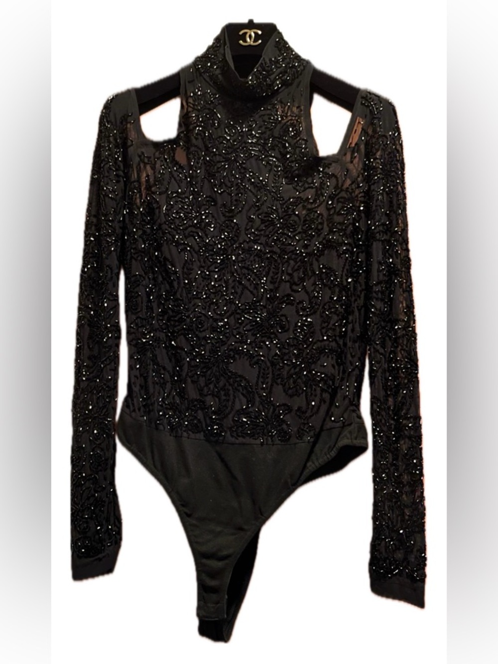 Donna Karan Black Beaded Lace Long-Sleeve Bodysuit